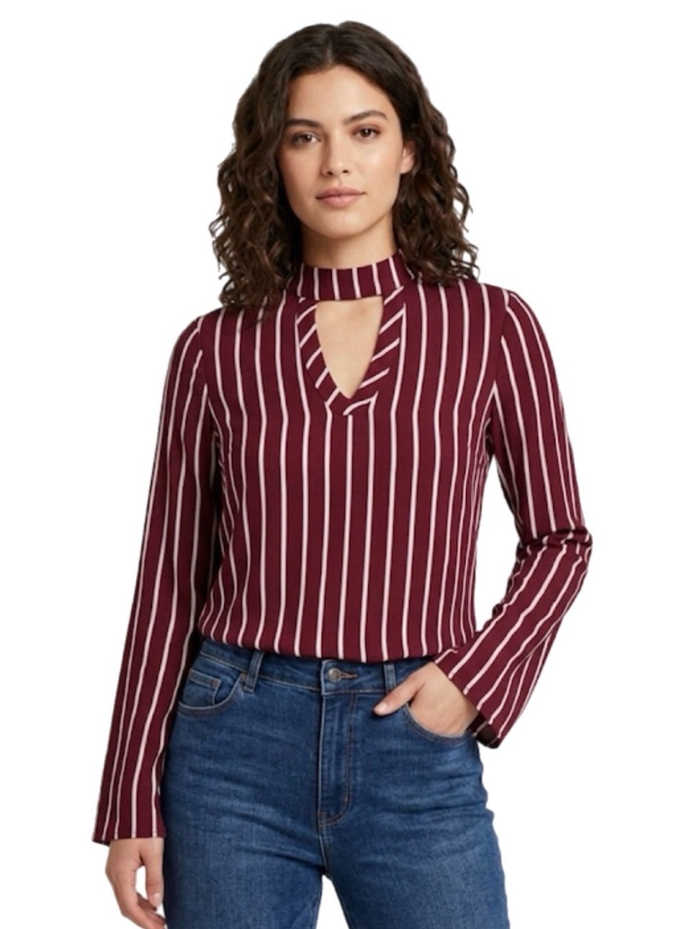 M Mine Women’s Burgundy Striped Long Sleeve Blouse Work Attire Business Casual
